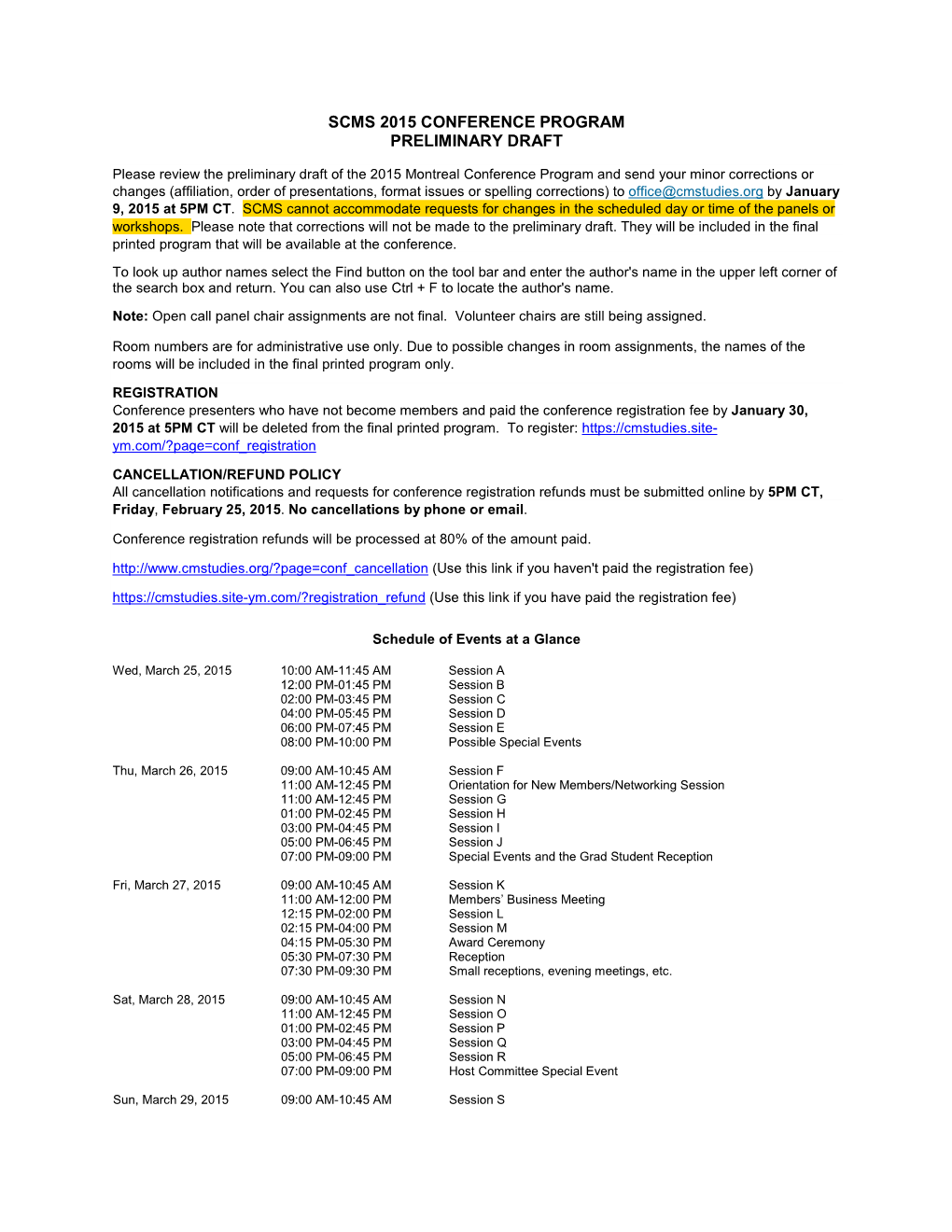 Scms 2015 Conference Program Preliminary Draft