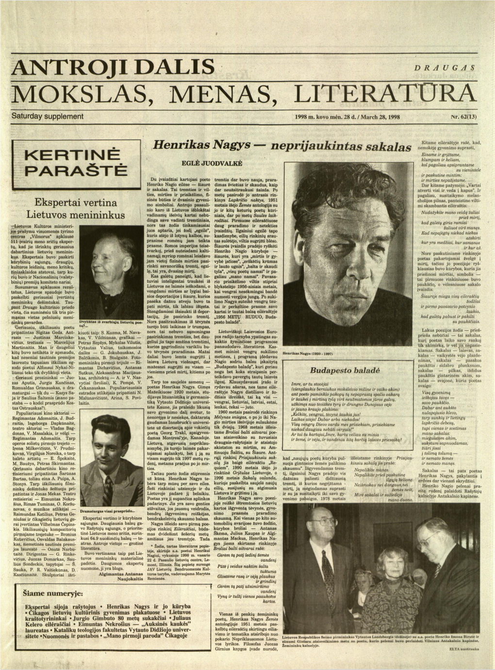 MOKSLAS, MENAS, LITERATŪRA Saturday Supplement 1998 M