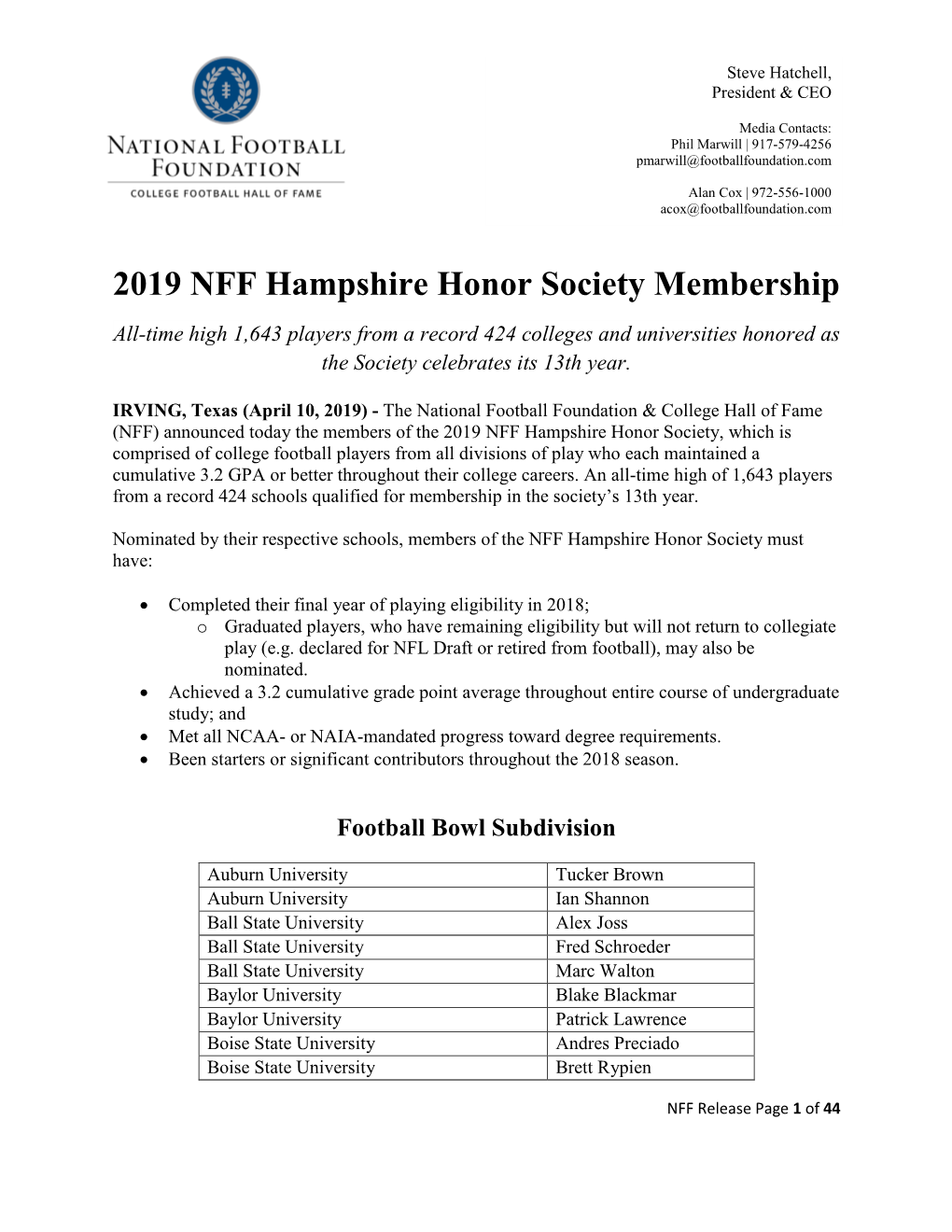 2019 NFF Hampshire Honor Society Membership All-Time High 1,643 Players from a Record 424 Colleges and Universities Honored As the Society Celebrates Its 13Th Year