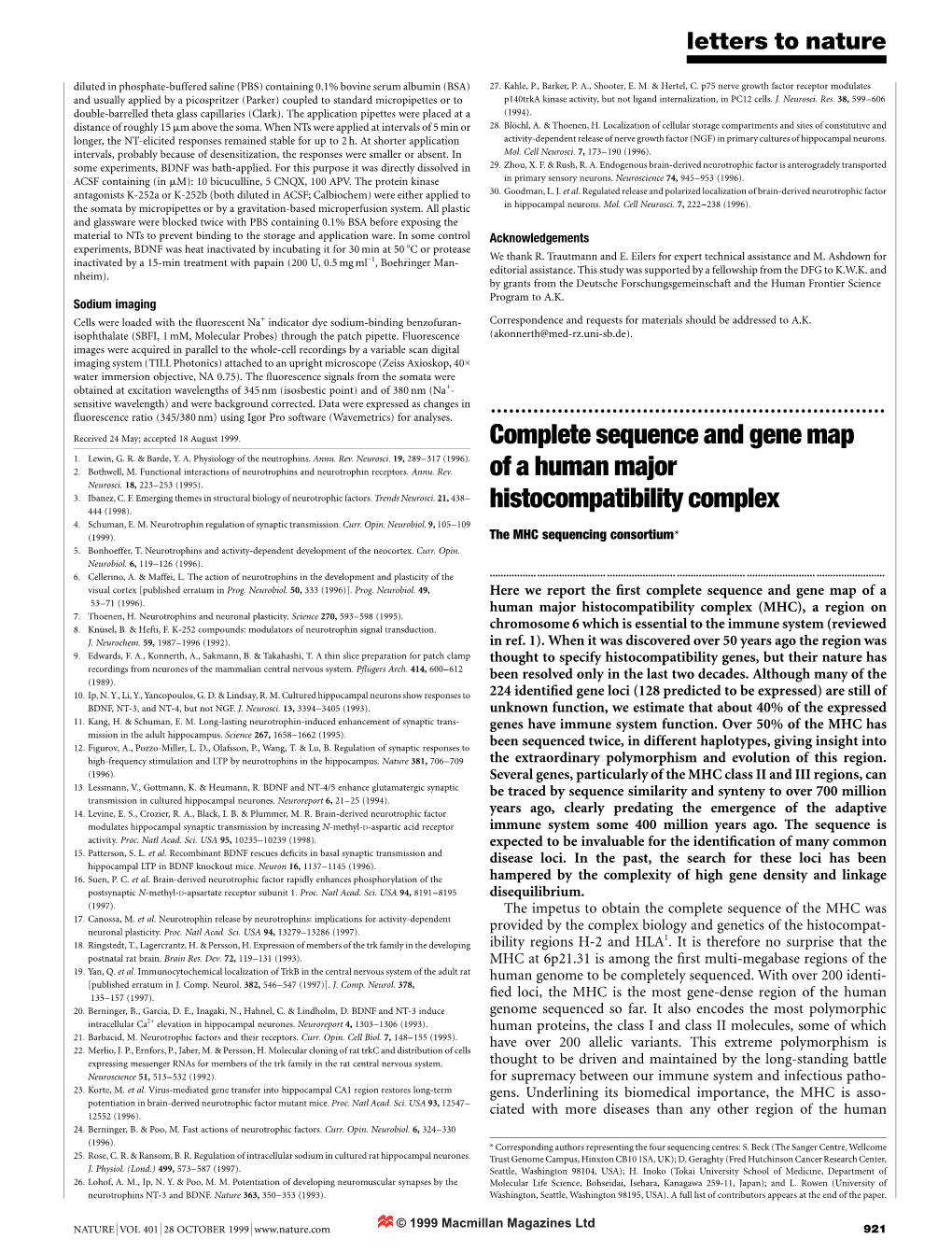 Complete Sequence and Gene Map of a Human Major Histocompatibility