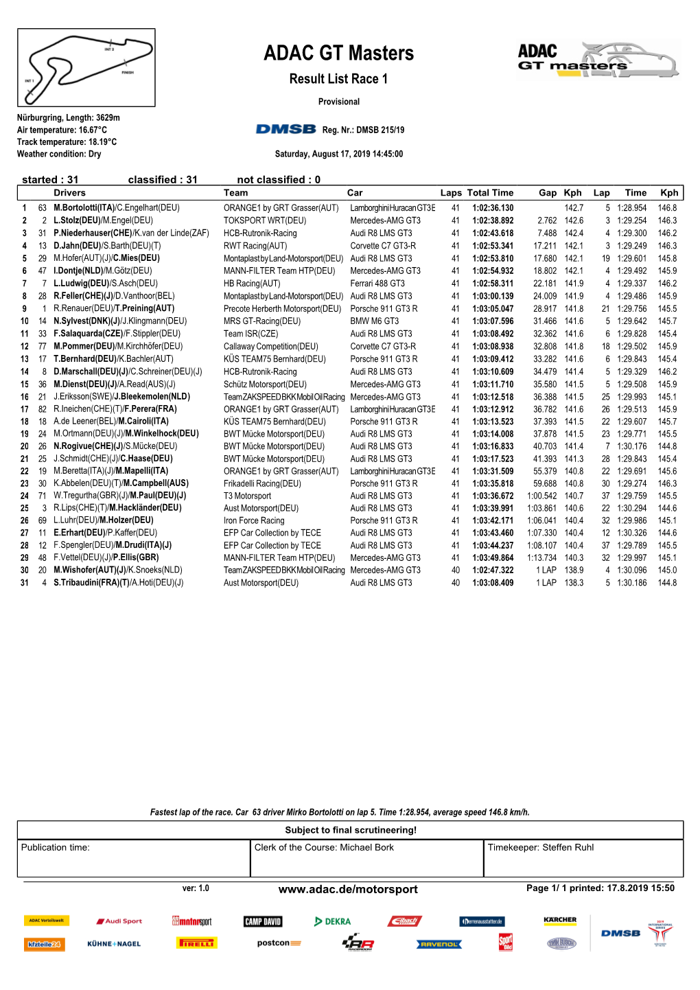 ADAC GT Masters Result List Race 1