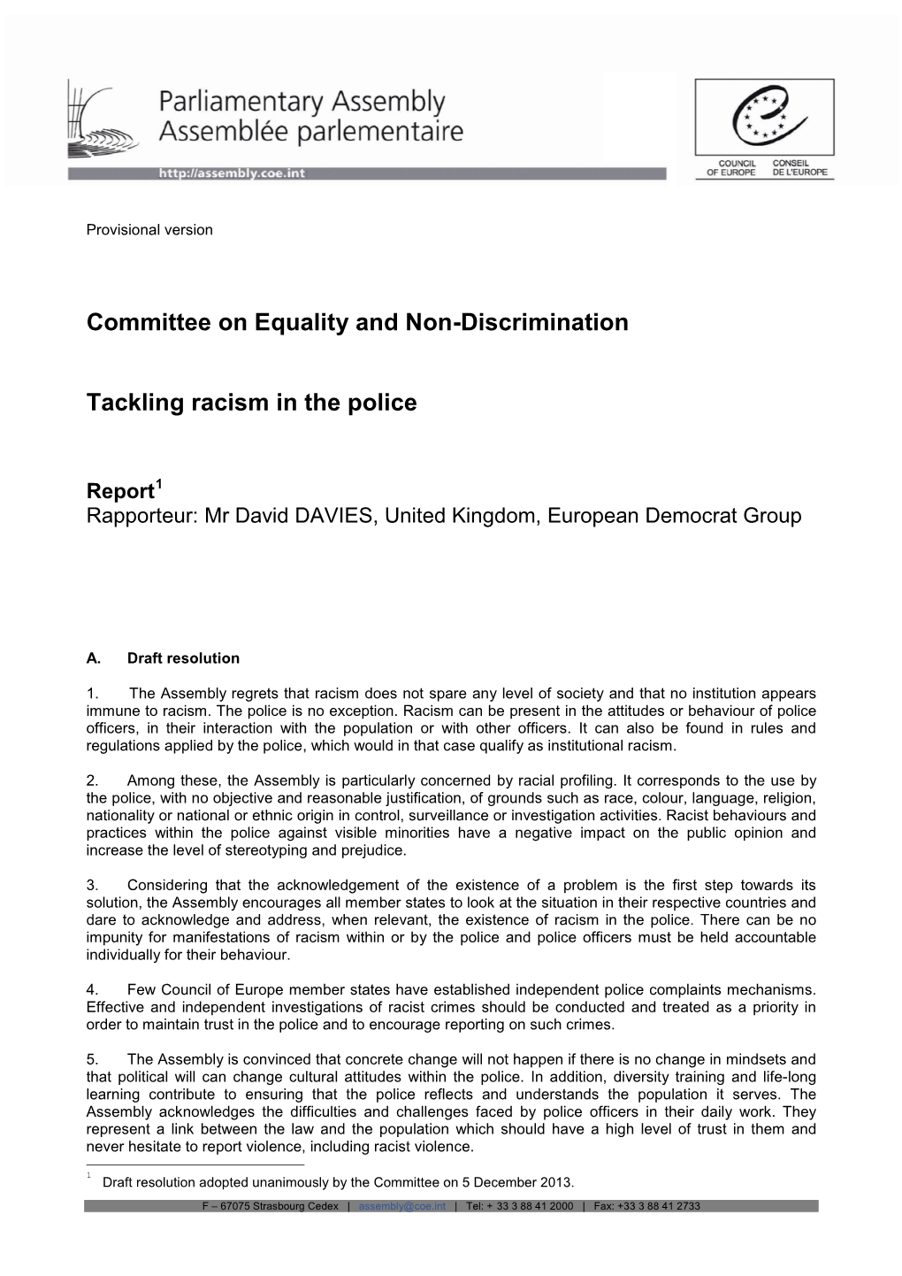 Committee on Equality and Non-Discrimination Tackling Racism