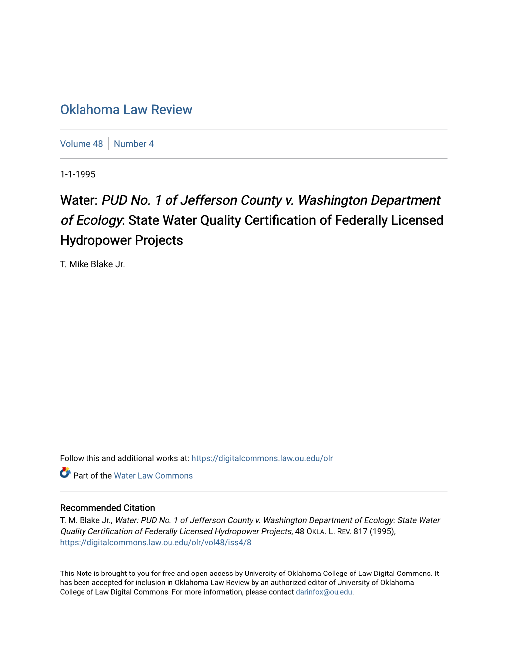 PUD No. 1 of Jefferson County V. Washington Department of Ecology: State Water Quality Certification of Ederf Ally Licensed Hydropower Projects