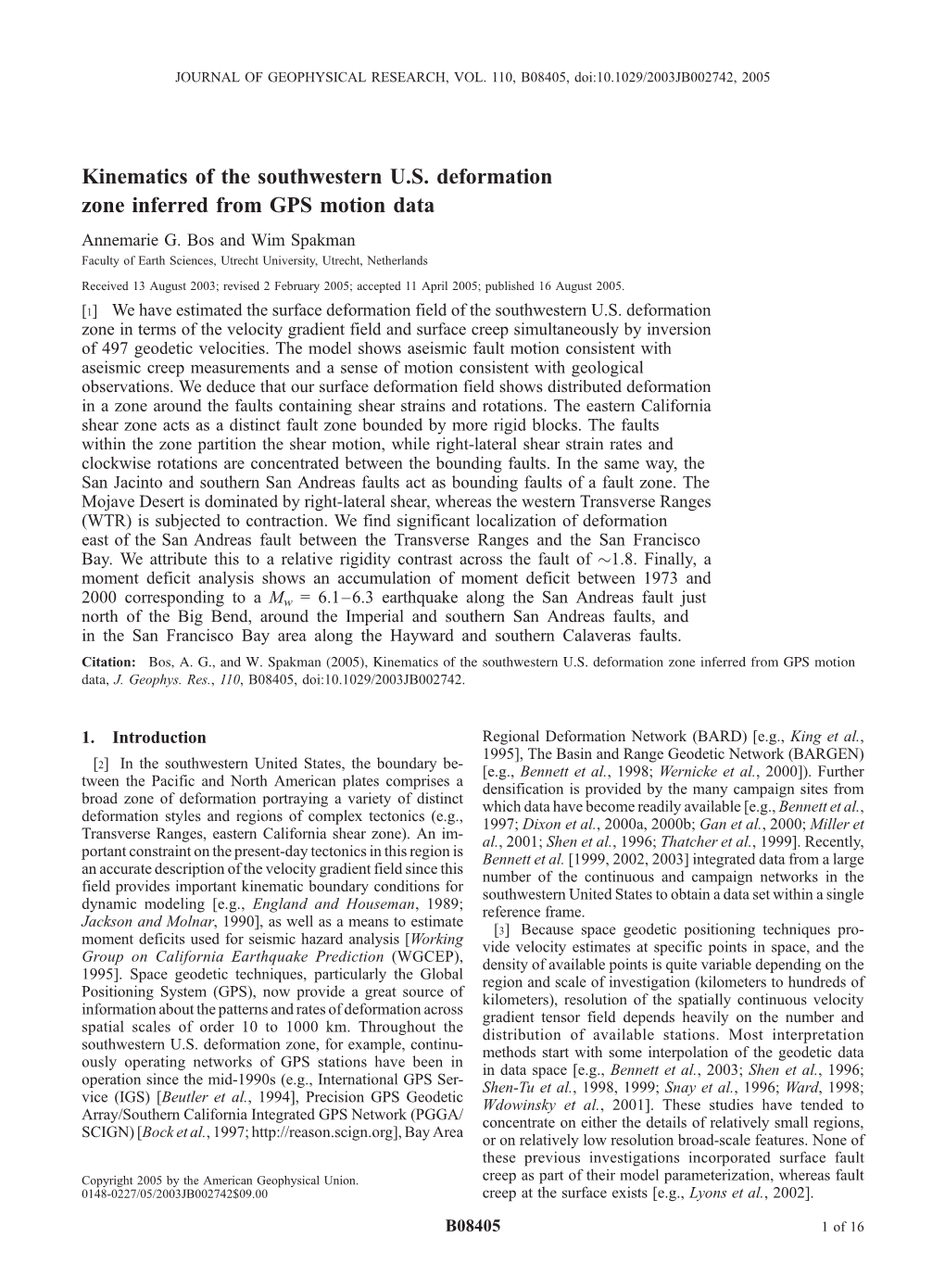 Kinematics of the Southwestern U.S. Deformation Zone Inferred from GPS Motion Data Annemarie G