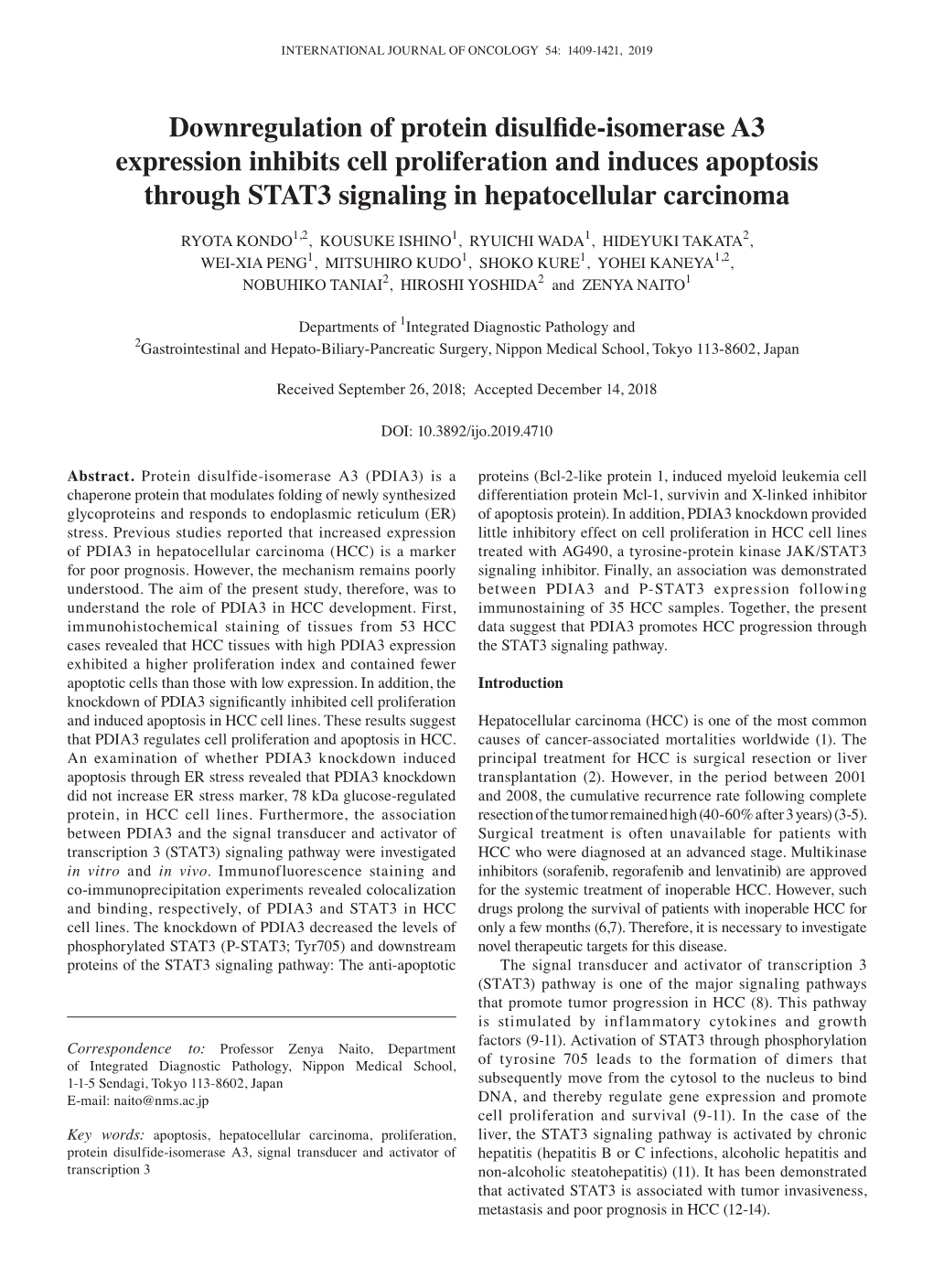 Downregulation of Protein Disulfide‑Isomerase A3 Expression Inhibits Cell Proliferation and Induces Apoptosis Through STAT3 Signaling in Hepatocellular Carcinoma