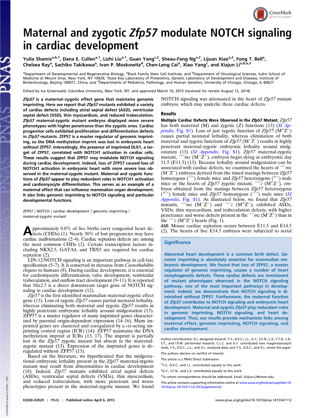 Maternal and Zygotic Zfp57 Modulate NOTCH Signaling in Cardiac Development