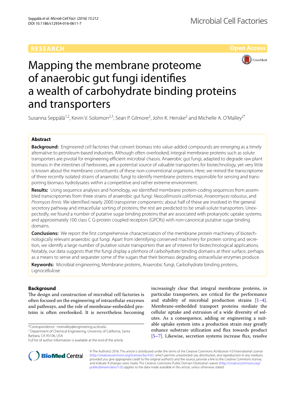 Mapping the Membrane Proteome of Anaerobic Gut Fungi Identifies a Wealth of Carbohydrate Binding Proteins and Transporters Susanna Seppälä1,2, Kevin V