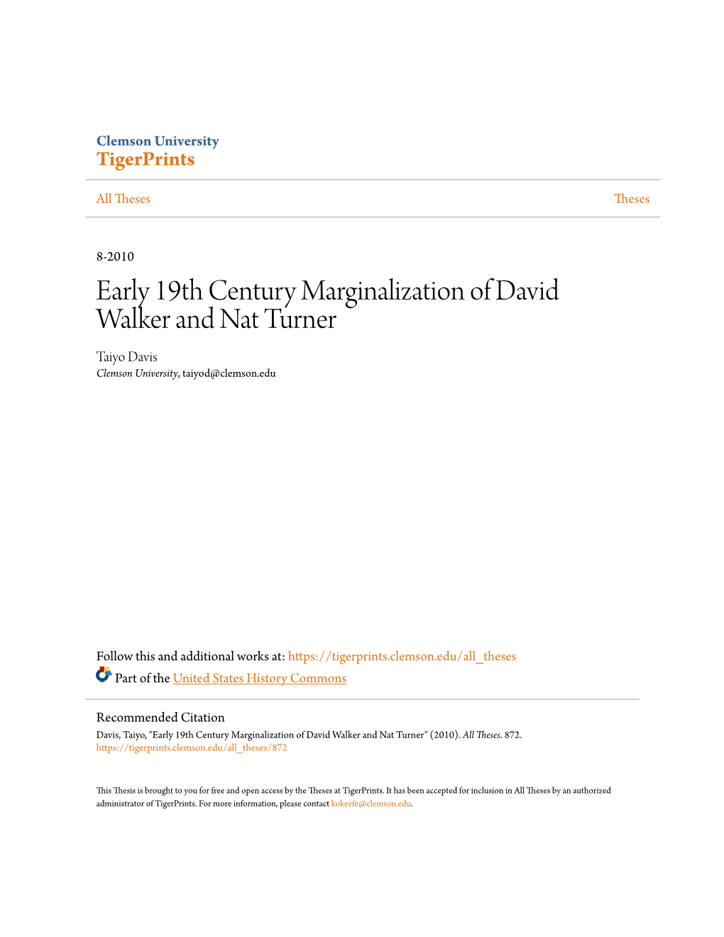 Early 19Th Century Marginalization of David Walker and Nat Turner Taiyo Davis Clemson University, Taiyod@Clemson.Edu