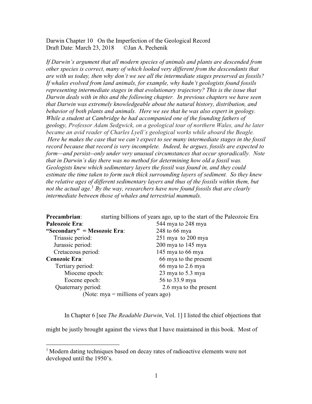 Darwin Chapter 10 on the Imperfection of the Geological Record Draft Date: March 23, 2018 ©Jan A