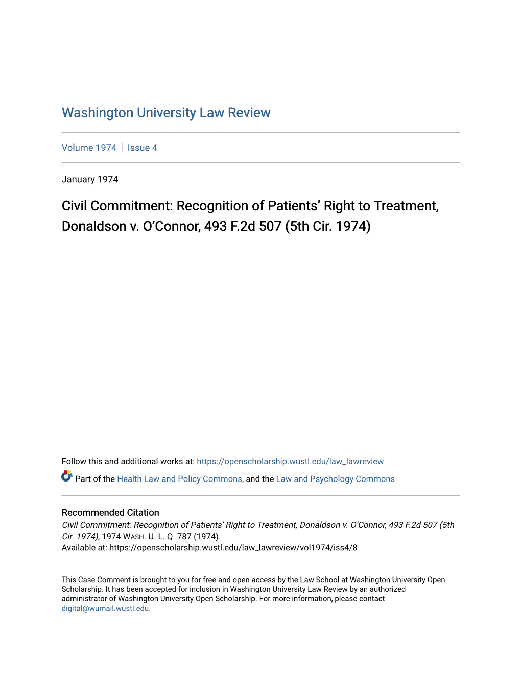 Civil Commitment: Recognition of Patients’ Right to Treatment, Donaldson V