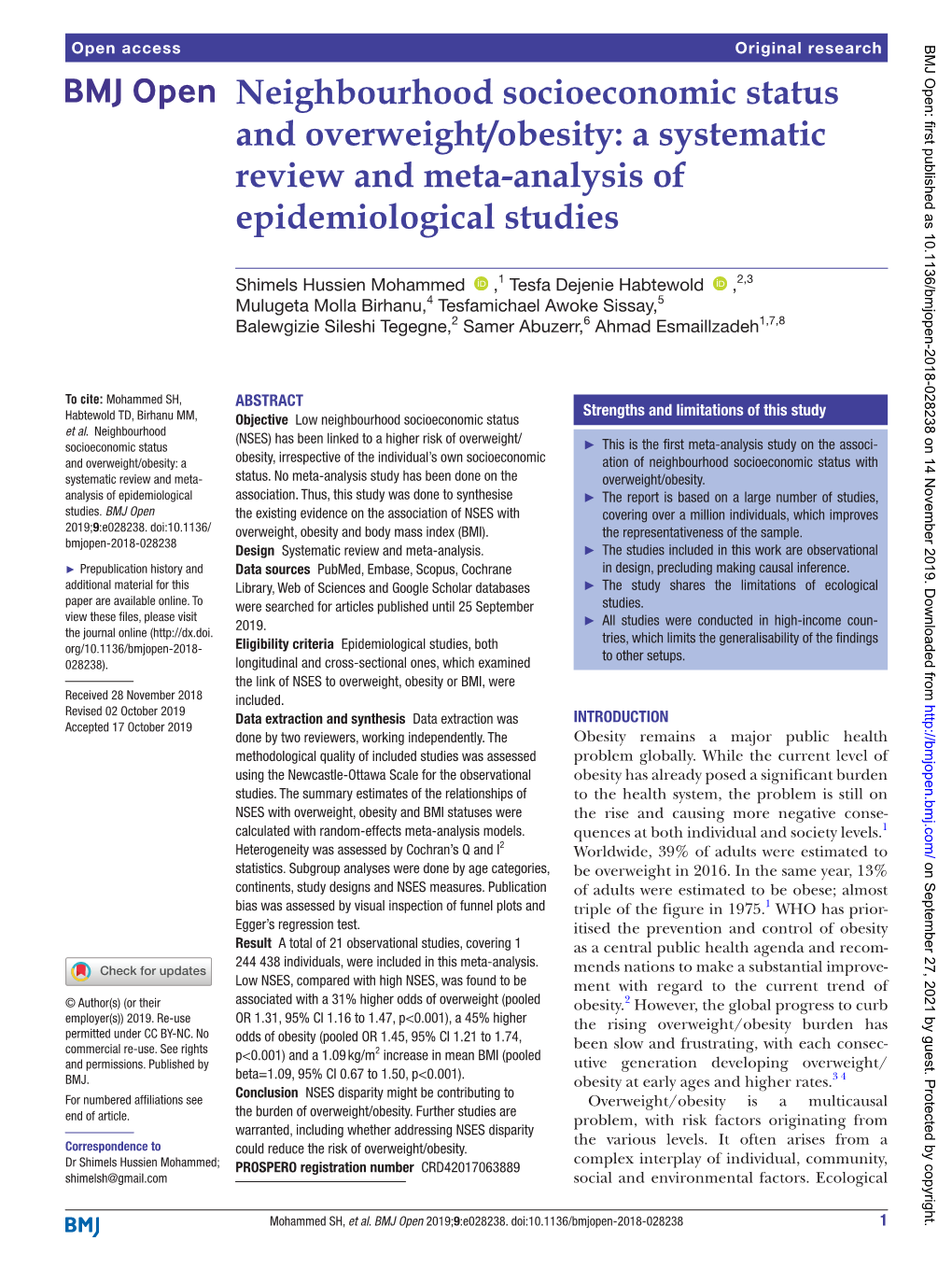 Neighbourhood Socioeconomic Status and Overweight/Obesity: a Systematic Review and Meta-­Analysis of Epidemiological Studies