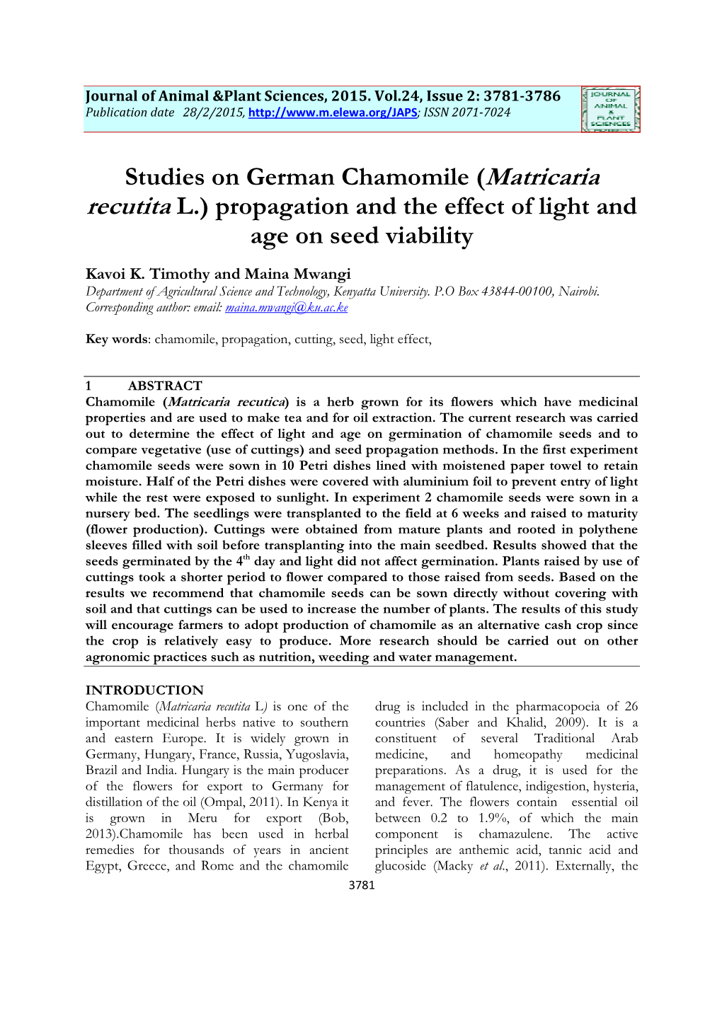 Studies on German Chamomile (Matricaria Recutita