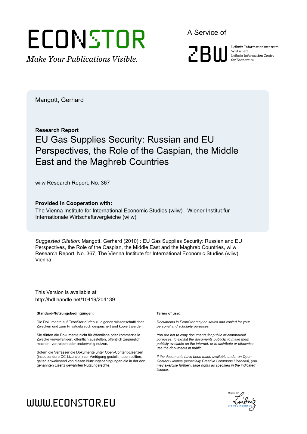 Wiiw Research Report 367: EU Gas Supplies Security