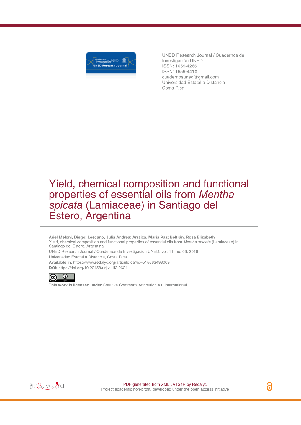 Yield, Chemical Composition and Functional Properties of Essential Oils from Mentha Spicata (Lamiaceae) in Santiago Del Estero, Argentina