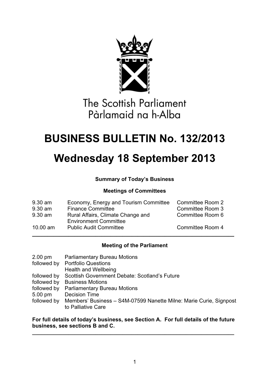 BUSINESS BULLETIN No. 132/2013 Wednesday 18 September 2013