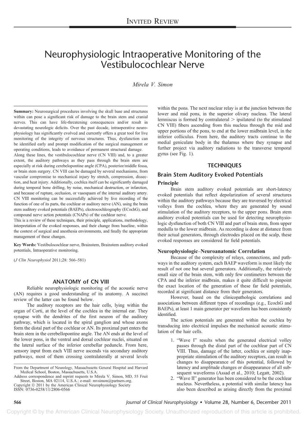 Neurophysiologic Intraoperative Monitoring of the Vestibulocochlear Nerve