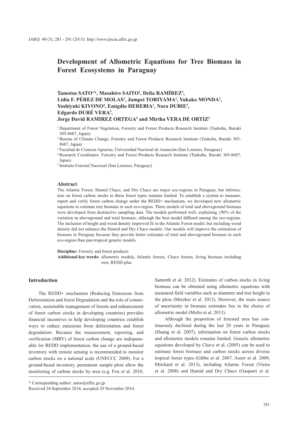 Development of Allometric Equations for Tree Biomass in Forest Ecosystems in Paraguay