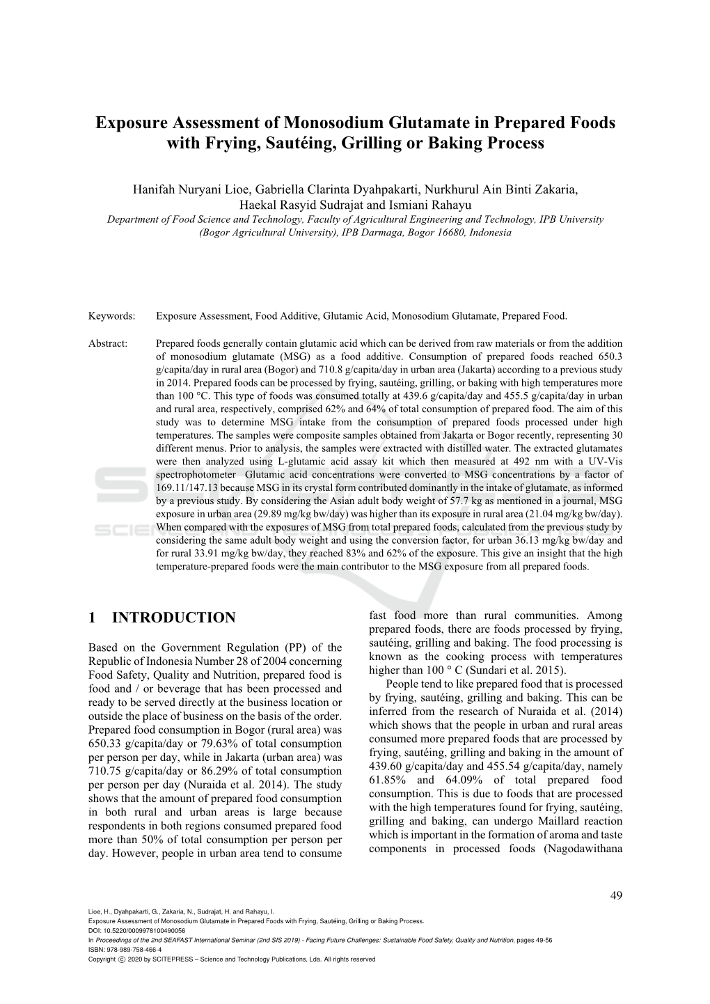 Exposure Assessment of Monosodium Glutamate in Prepared Foods with Frying, Sautéing, Grilling Or Baking Process