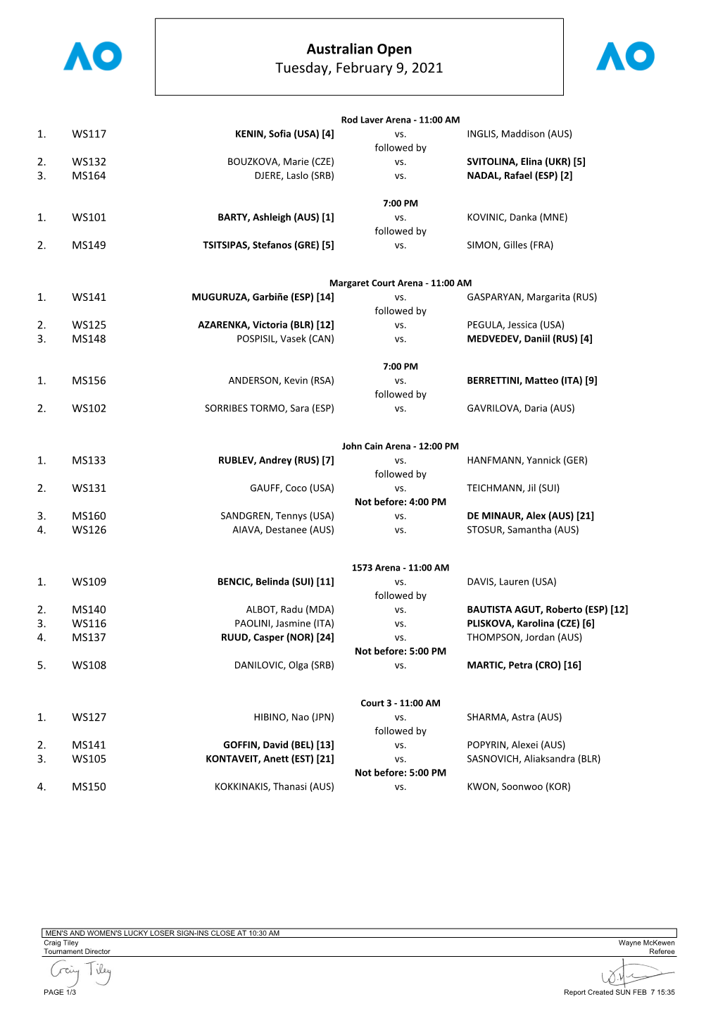 Australian Open Tuesday, February 9, 2021