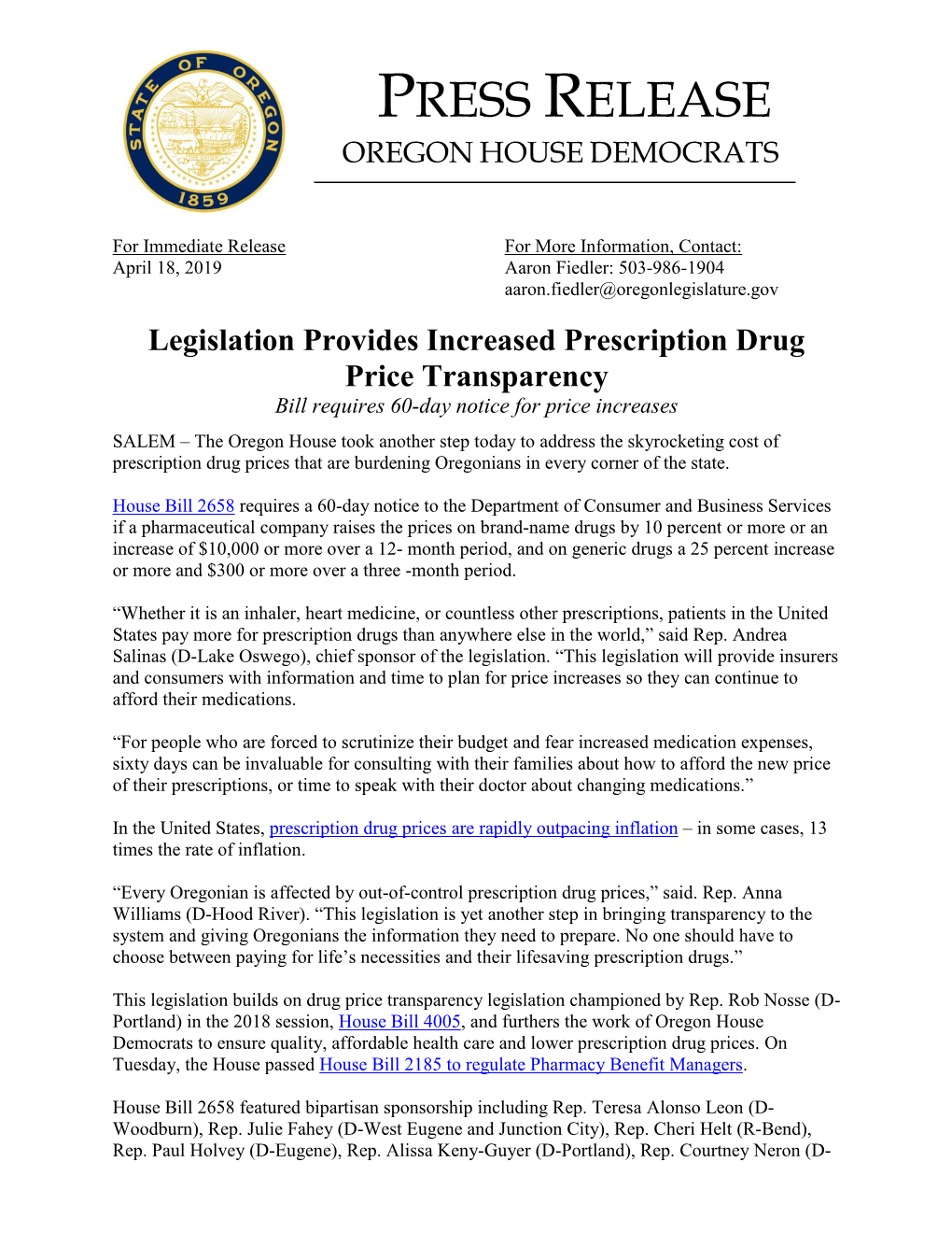 PRESS RELEASE Legislation Provides Increased Prescription