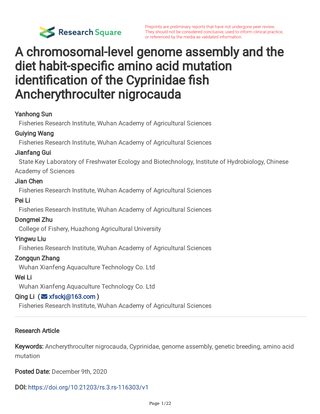 A Chromosomal-Level Genome Assembly and the Diet Habit-Speci C