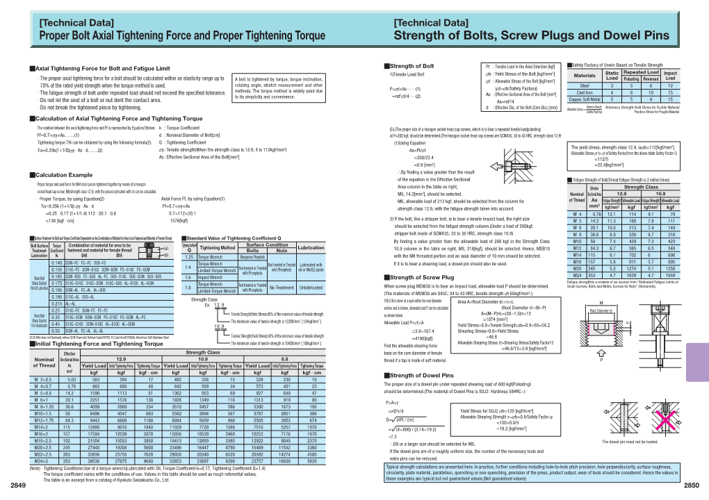 Proper Bolt Axial Tightening Force and Proper Tightening Torque Strength of Bolts, Screw Plugs and Dowel Pins