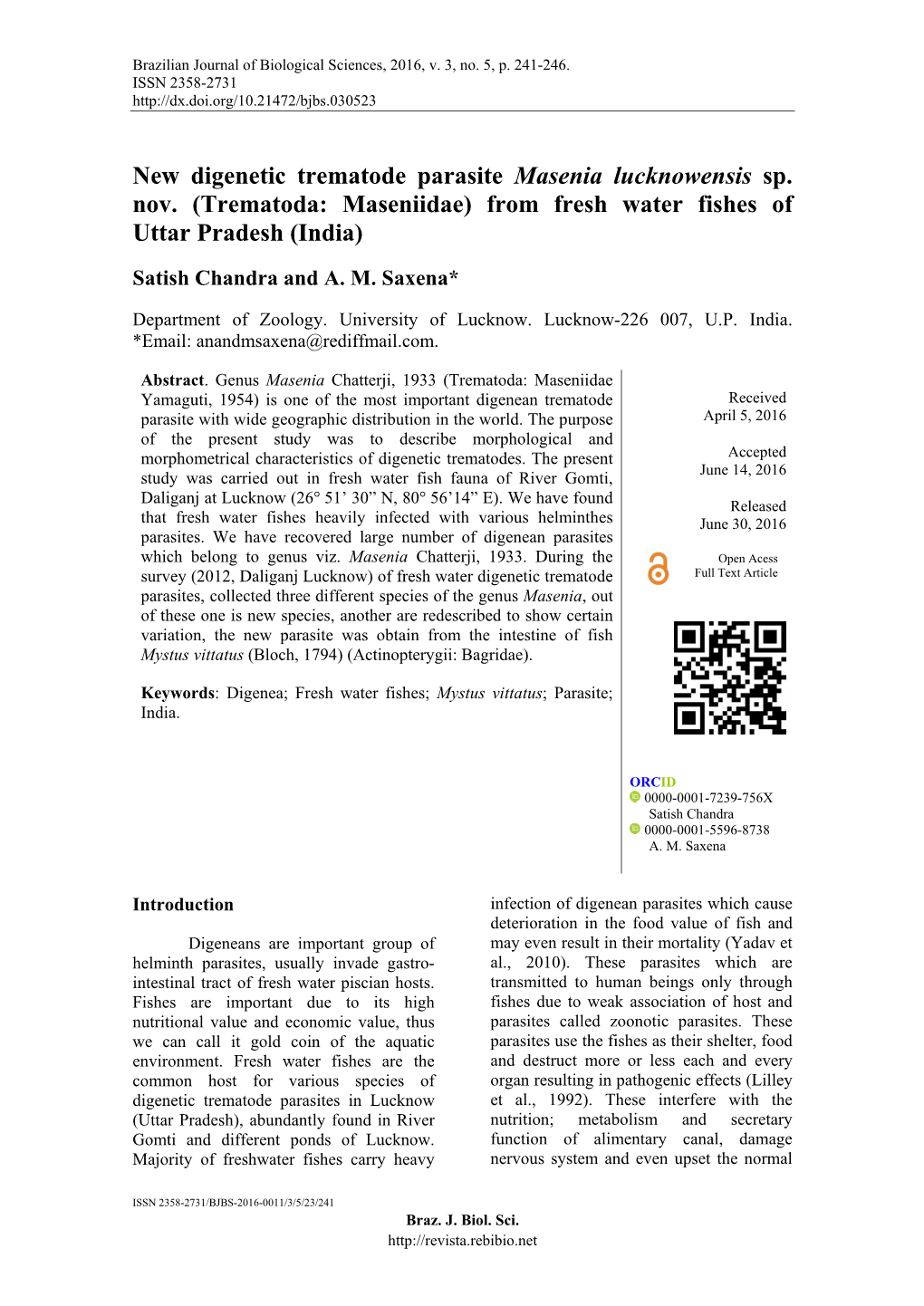 New Digenetic Trematode Parasite Masenia Lucknowensis Sp. Nov