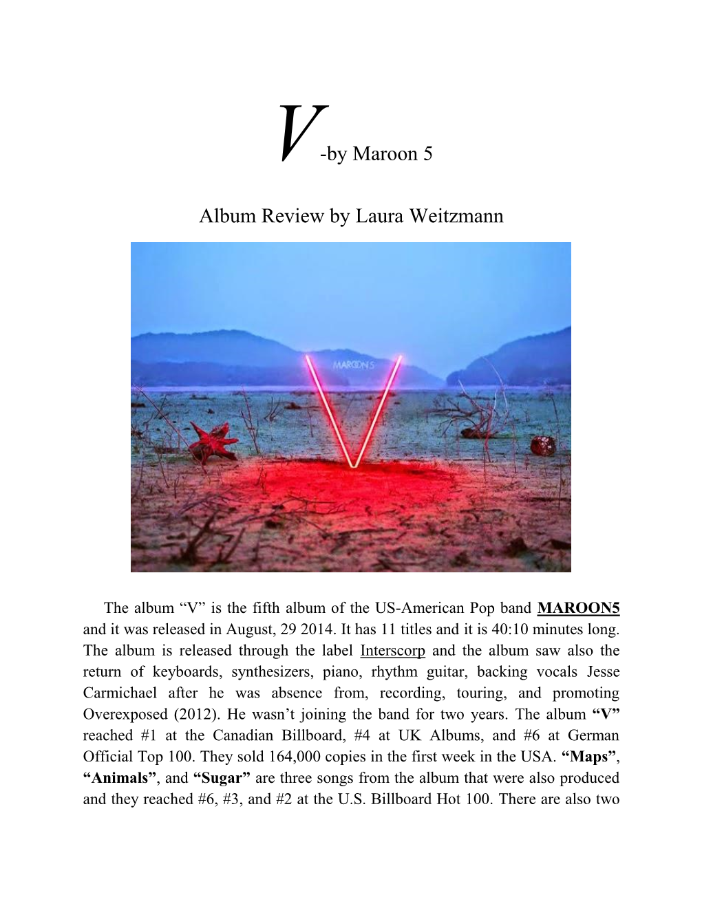 V-By Maroon 5 Album Review by Laura Weitzmann