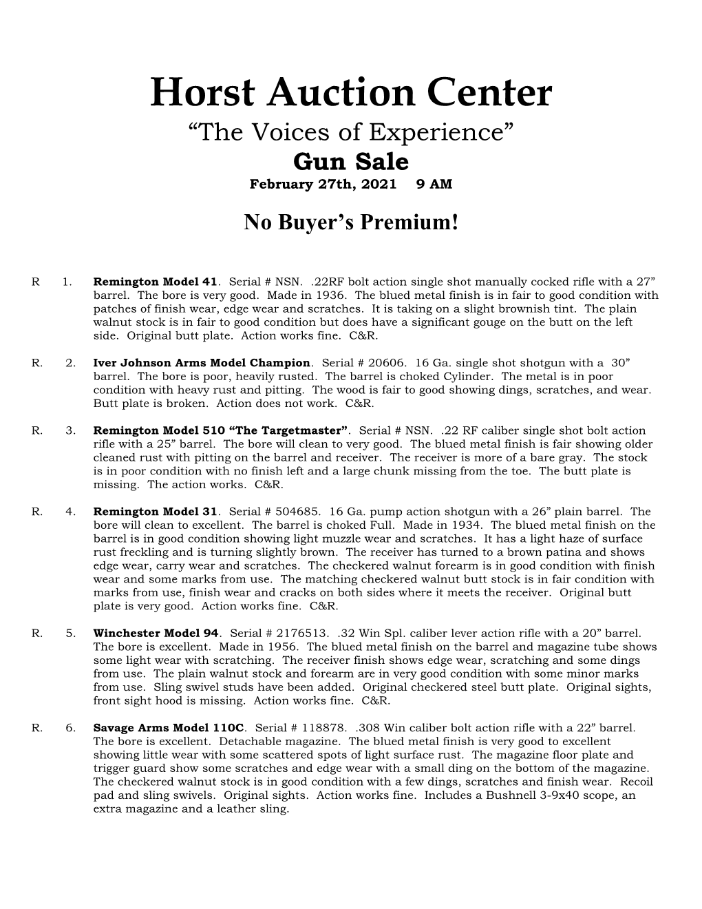 Horst Auction Center “The Voices of Experience” Gun Sale February 27Th, 2021 9 AM