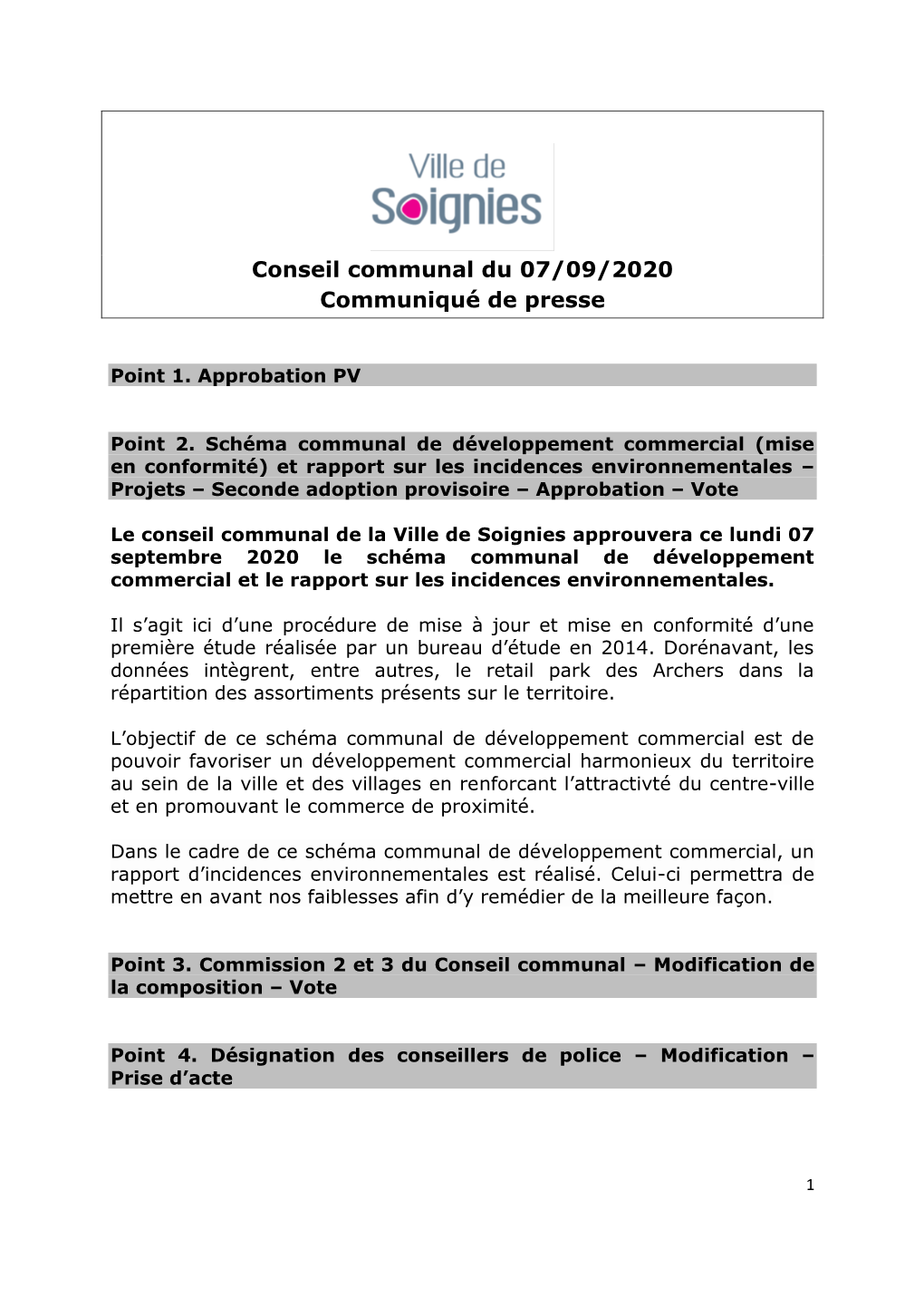 Conseil Communal Du 07/09/2020 Communiqué De Presse