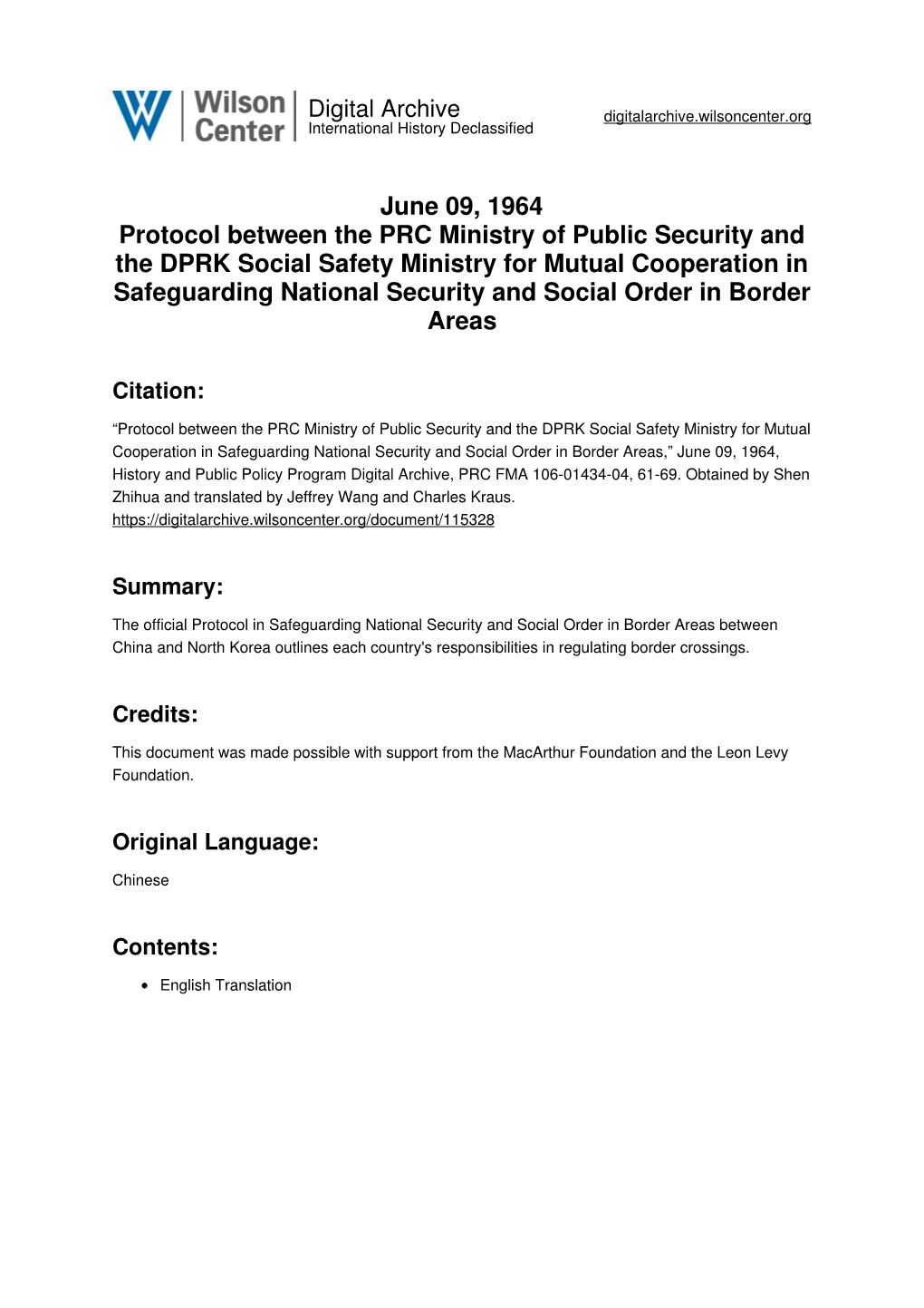 June 09, 1964 Protocol Between the PRC Ministry of Public Security And