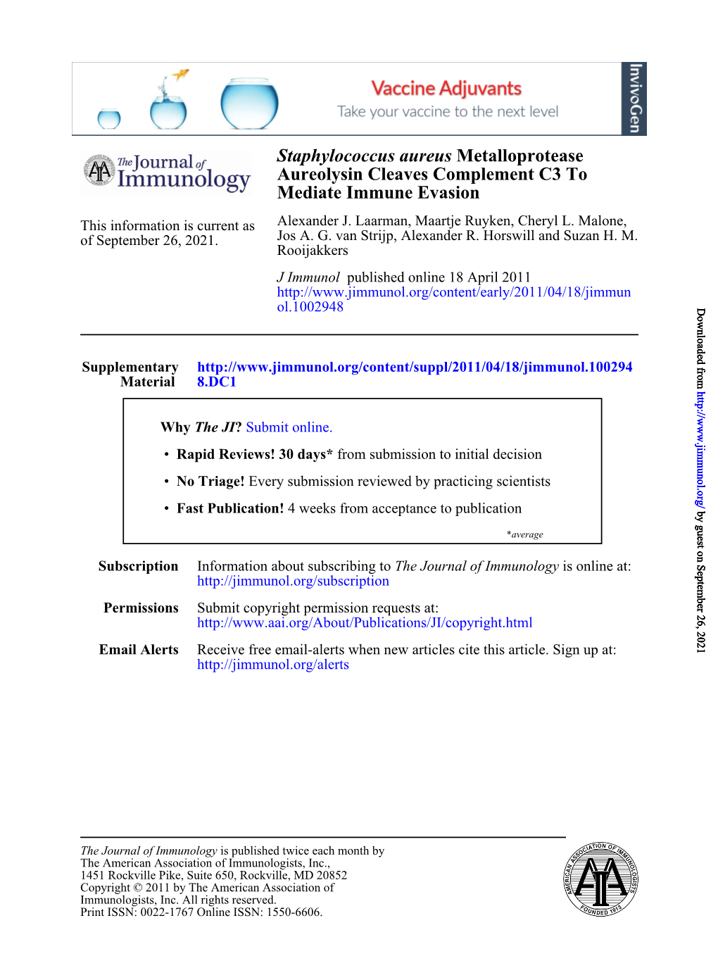 Mediate Immune Evasion Aureolysin Cleaves Complement C3 To