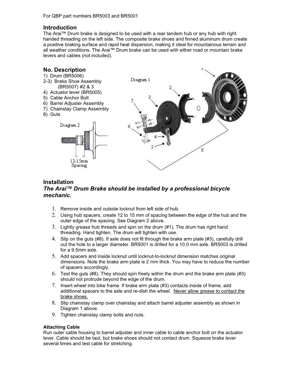 Introduction No. Description Installation the Arai™ Drum Brake