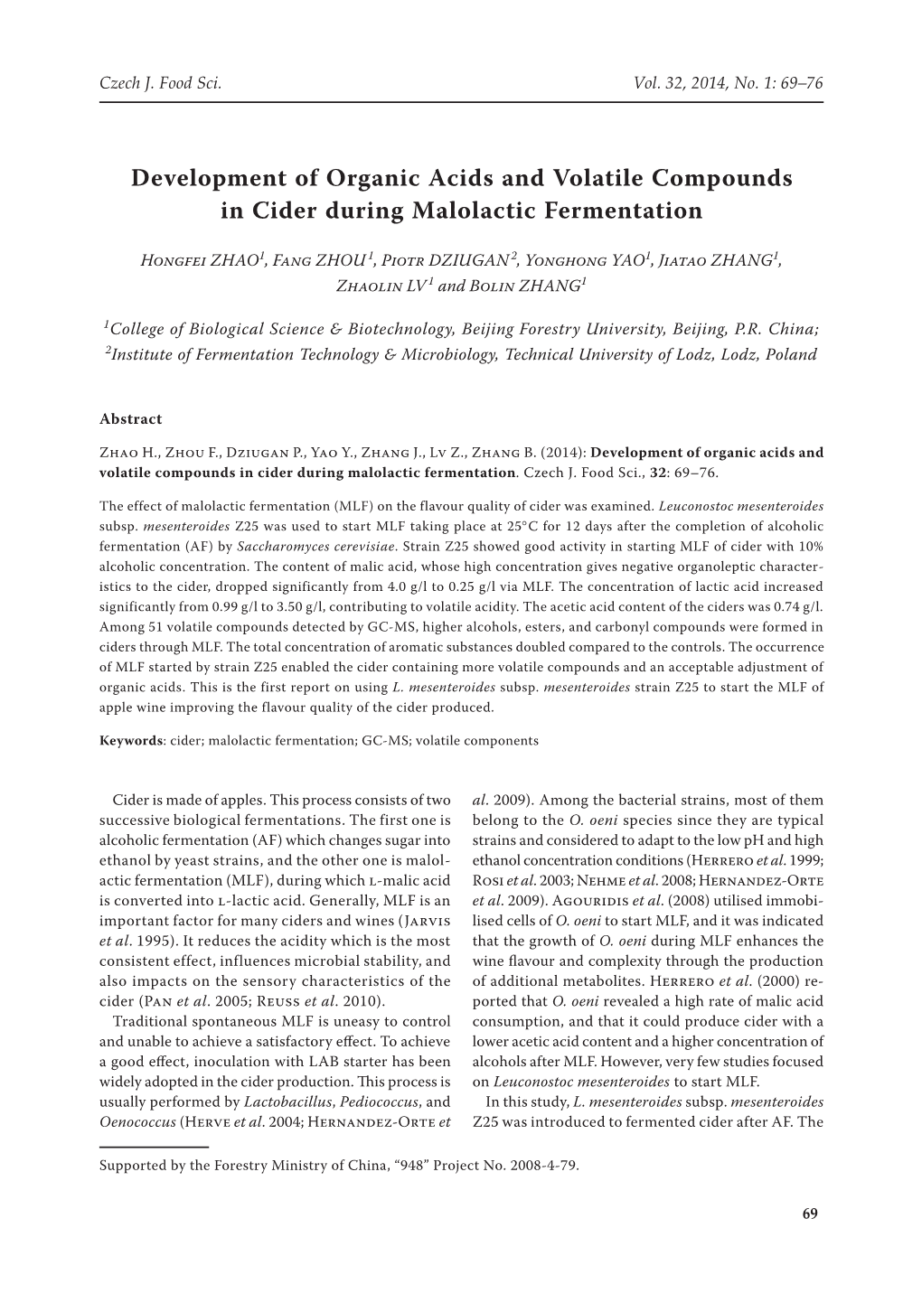 Development of Organic Acids and Volatile Compounds in Cider During Malolactic Fermentation