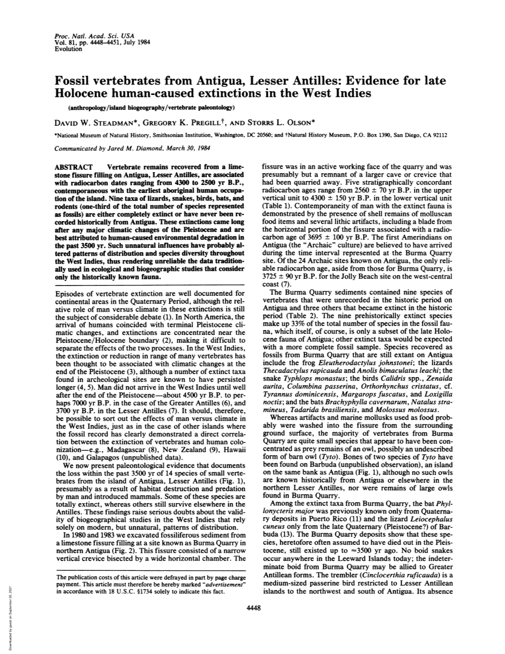 Fossil Vertebrates from Antigua, Lesser Antilles