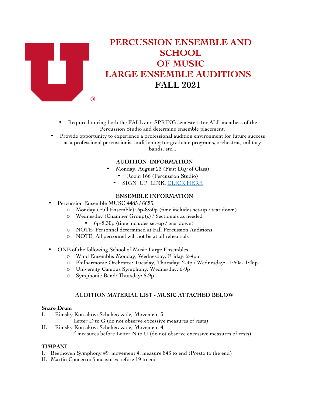 Percussion Ensemble and School of Music Large Ensemble Auditions Fall 2021