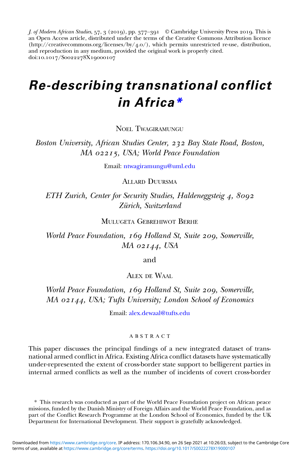 Re-Describing Transnational Conflict in Africa*