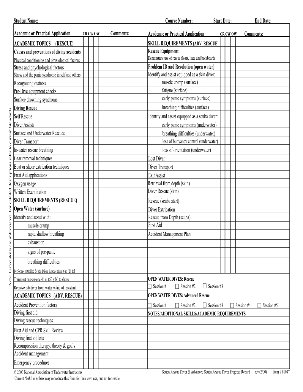 Scuba Rescue Diver Progress Record Grid