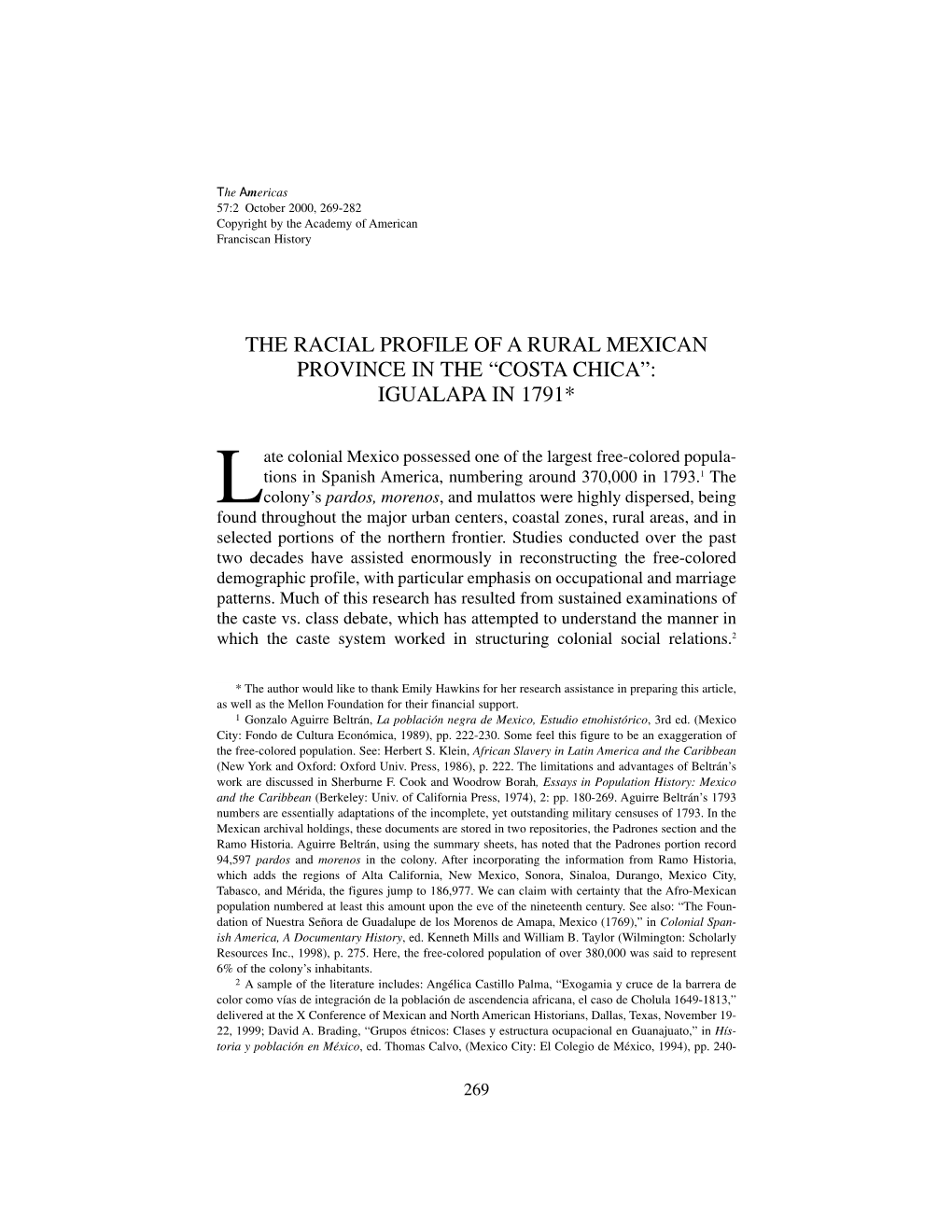 The Racial Profile of a Rural Mexican Province in the “Costa Chica”: Igualapa in 1791*