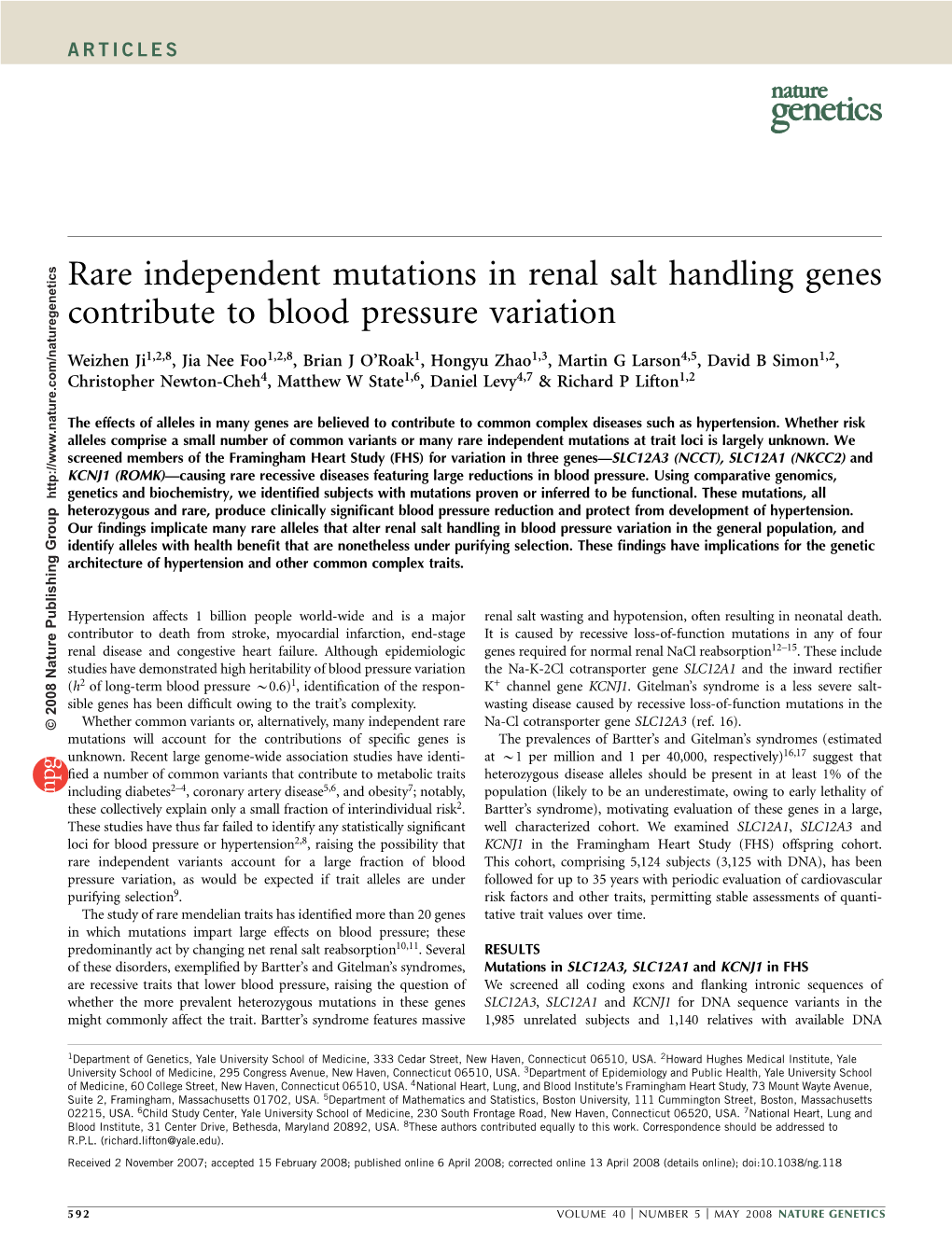 Rare Independent Mutations in Renal Salt Handling Genes Contribute to Blood Pressure Variation