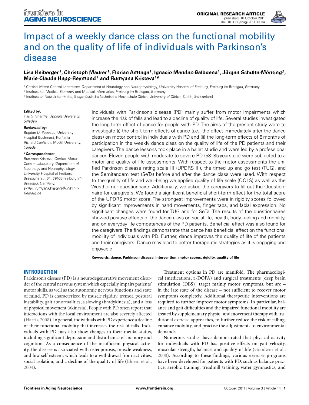 Impact of a Weekly Dance Class on the Functional Mobility and on the Quality of Life of Individuals with Parkinson’S Disease