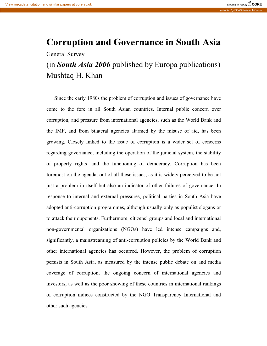 Corruption and Governance in South Asia General Survey (In South Asia 2006 Published by Europa Publications) Mushtaq H