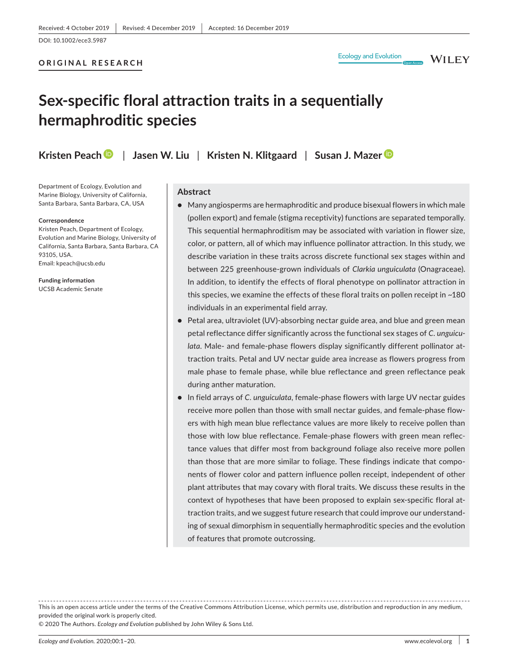 Sex‐Specific Floral Attraction Traits in a Sequentially Hermaphroditic Species