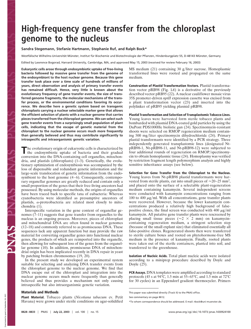 High-Frequency Gene Transfer from the Chloroplast Genome to the Nucleus