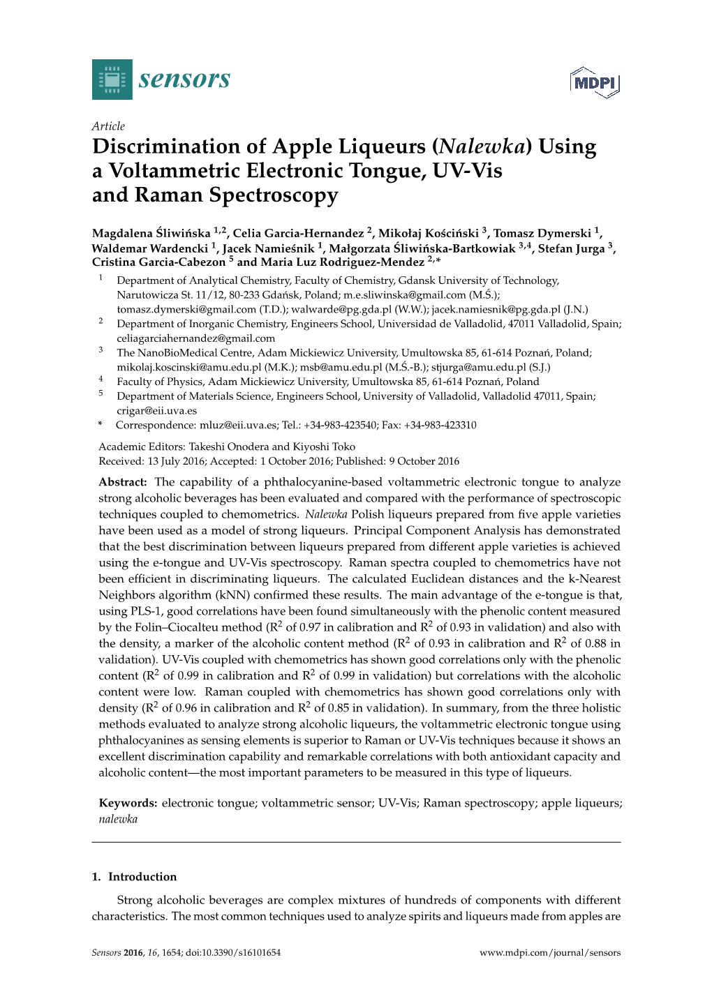 Discrimination of Apple Liqueurs (Nalewka) Using a Voltammetric Electronic Tongue, UV-Vis and Raman Spectroscopy