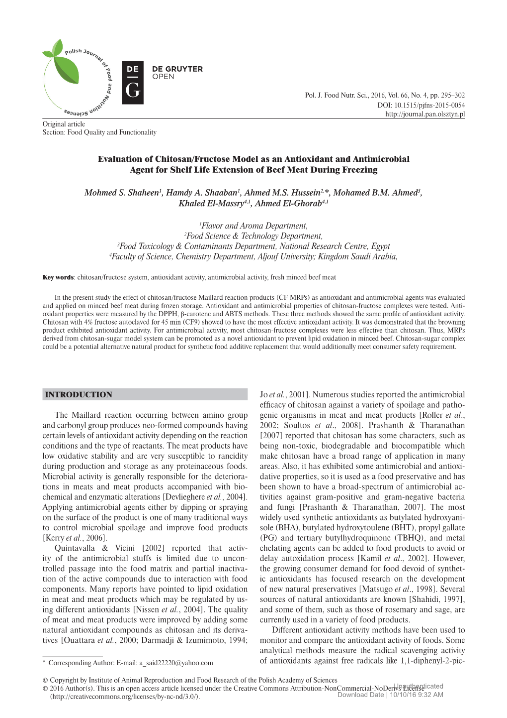 Evaluation of Chitosan/Fructose Model As an Antioxidant and Antimicrobial Agent for Shelf Life Extension of Beef Meat During Freezing