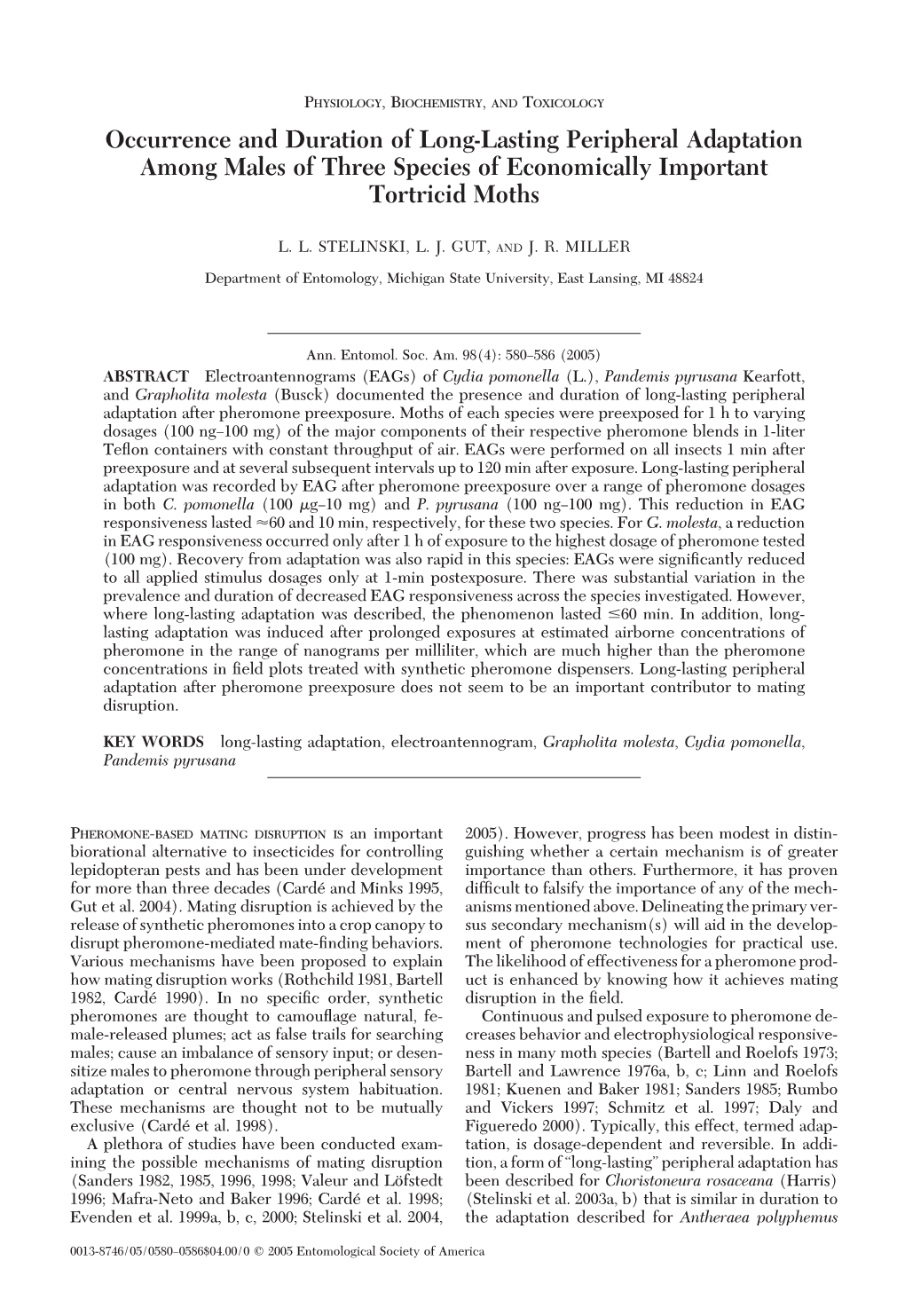 Occurrence and Duration of Long-Lasting Peripheral Adaptation Among Males of Three Species of Economically Important Tortricid Moths