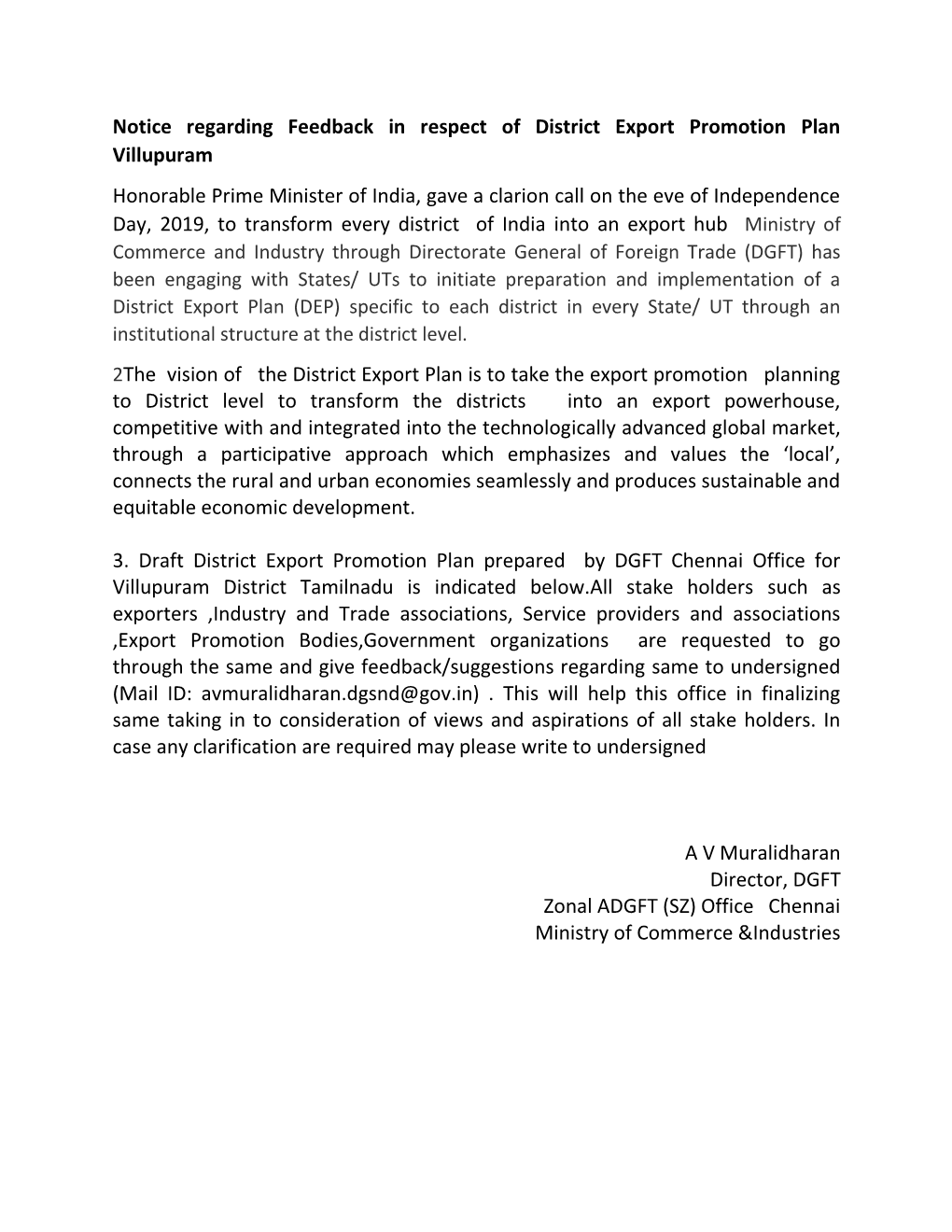 Notice Regarding Feedback in Respect of District Export Promotion Plan