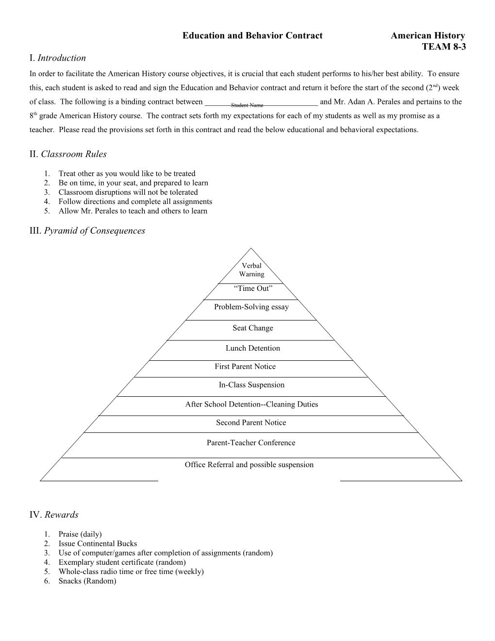 Education and Behavior Contract American History