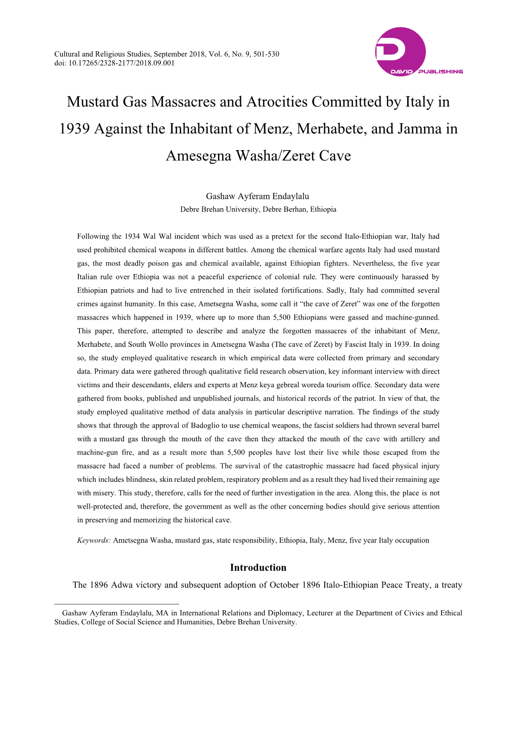 Mustard Gas Massacres and Atrocities Committed by Italy in 1939 Against the Inhabitant of Menz, Merhabete, and Jamma in Amesegna Washa/Zeret Cave